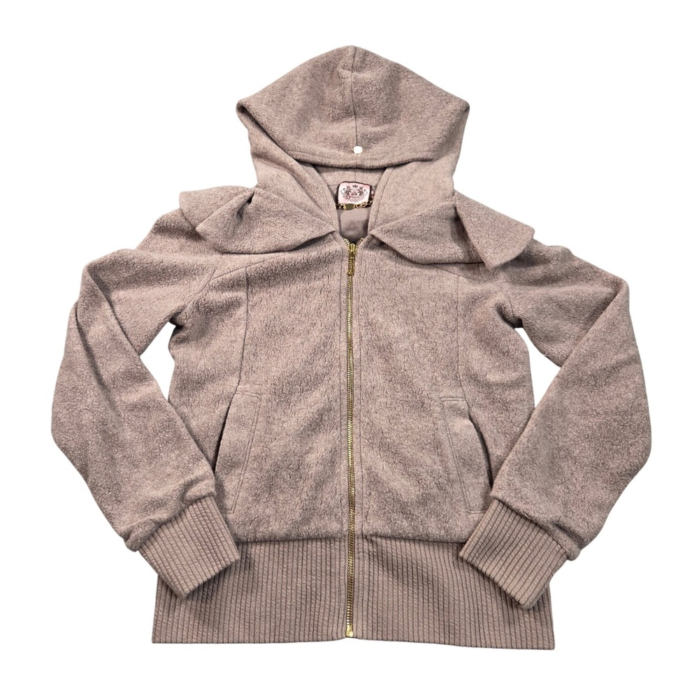 Juicy Couture Hoodie Womens Medium Tan Taupe Fleece Ruffle Collar Zip Up
